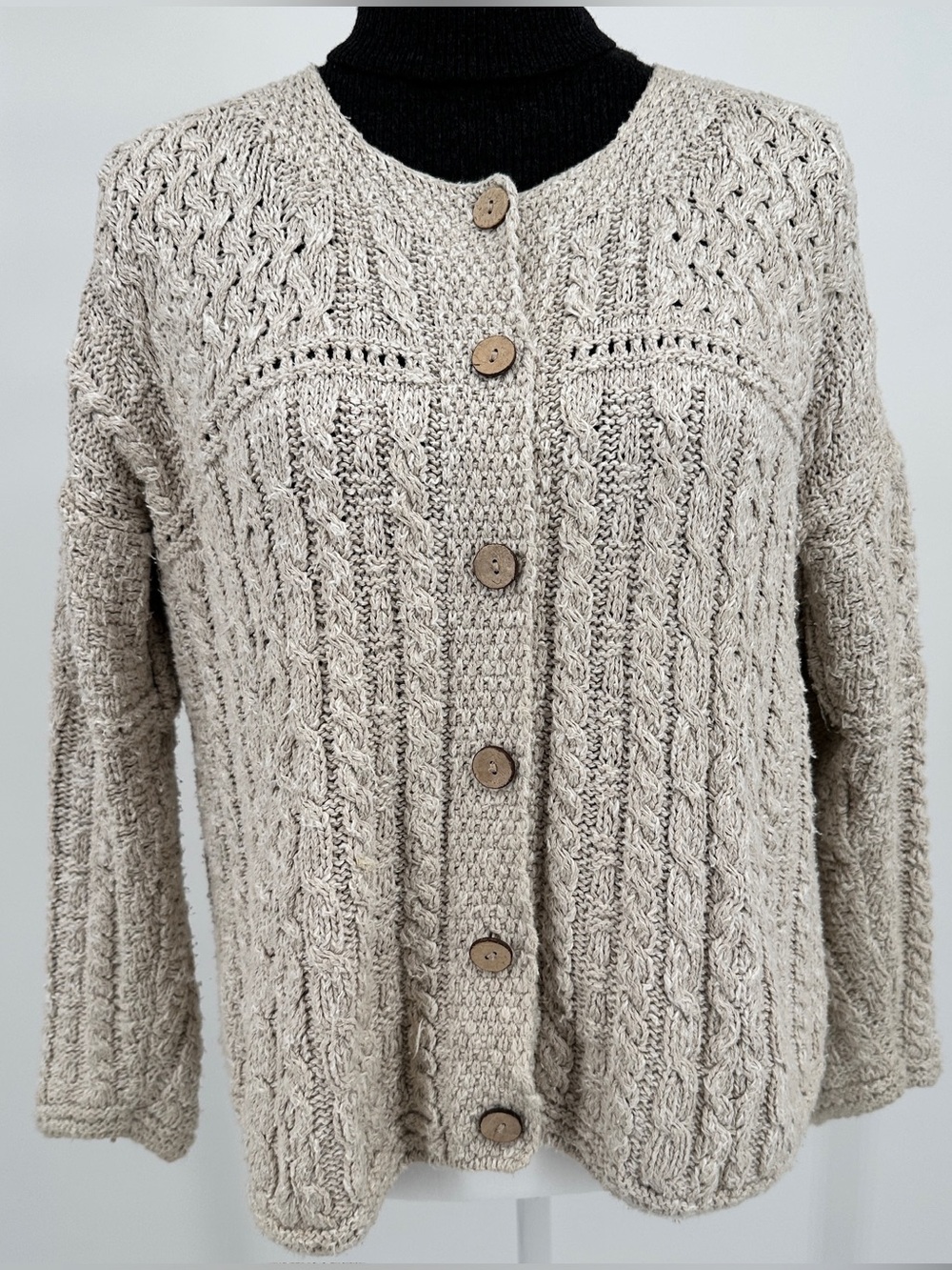 Aran Woollen Mills Irish Linen Wool Blend Cable Knit Cardigan Sweater Oatmeal - Picture 3 of 10
